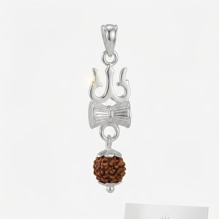 Trishul Damaru Rudraksh Silver Pendant  -925  Silver