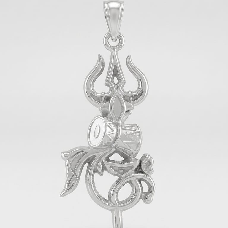Trishul Damru Om Silver Pendant -925 Silver