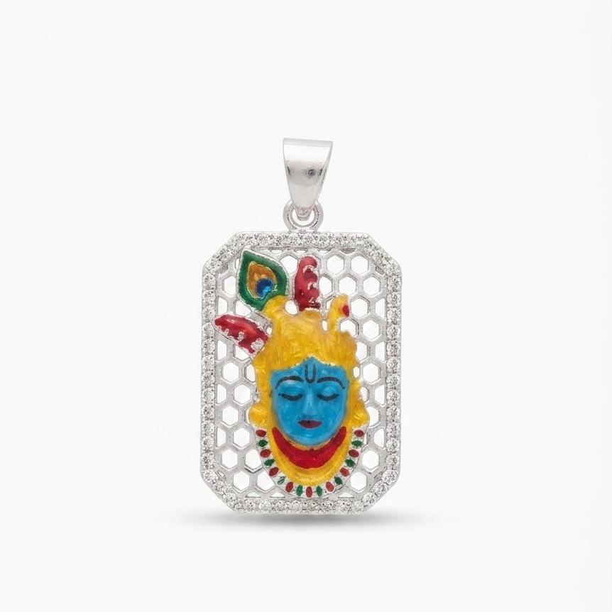 Krishna Enamel white stone silver Pendant  - 925 Silver
