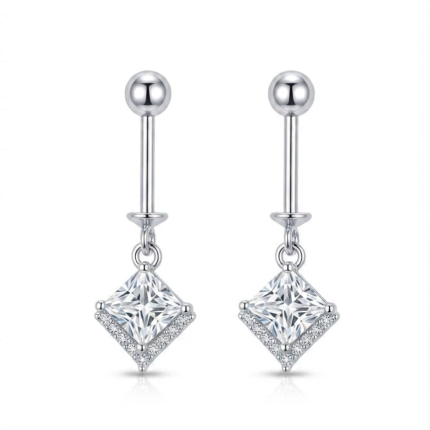 Silver Square Crystal Helix Bugadi Earring Pair   -   925 Silver