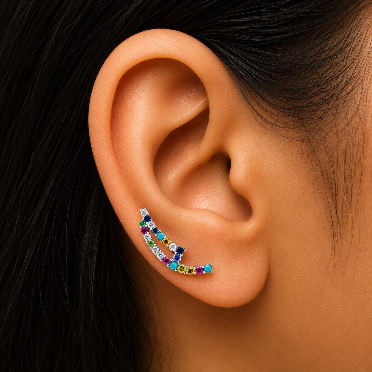 Silver Multicolur Zircon EarCuff Earring Pair   -  925 Silver