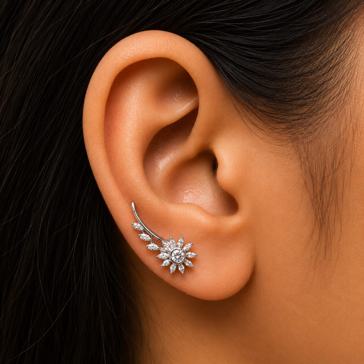 Silver Sunflower Ear Cuff Earring Pair  -  925 Silver