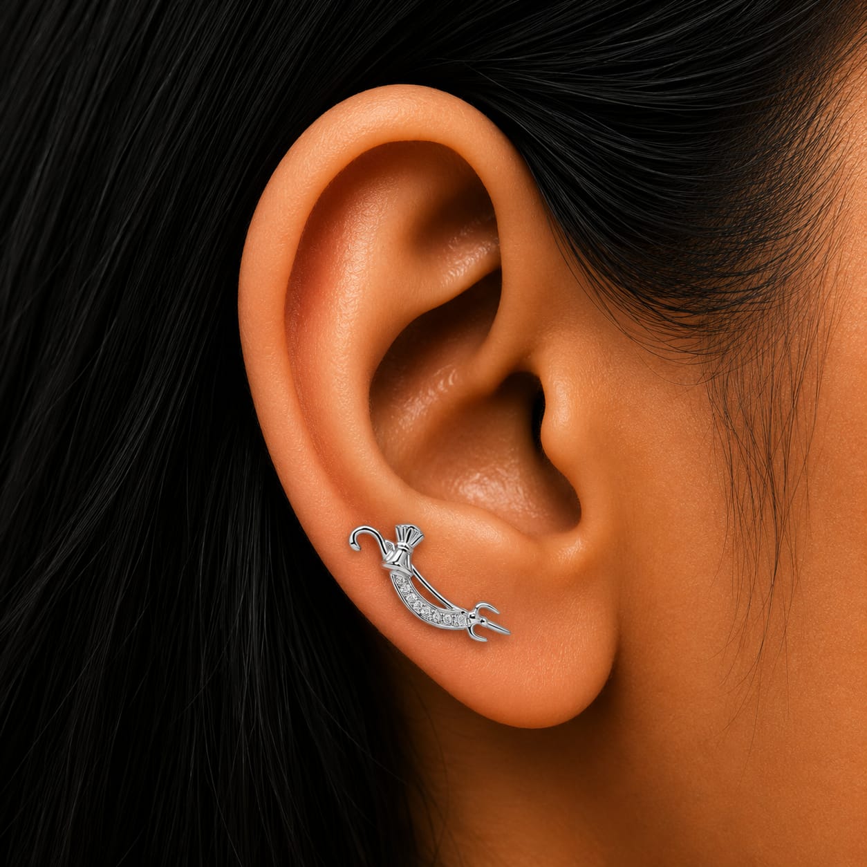 Trishul Damaru Ear cuff Earring Pair  -  925  Silver
