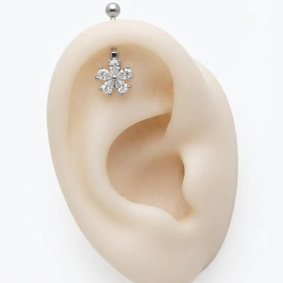 Silver Fancy White Stone Floral Helix Bugadi Stud Earring Pair  - 925 Silver