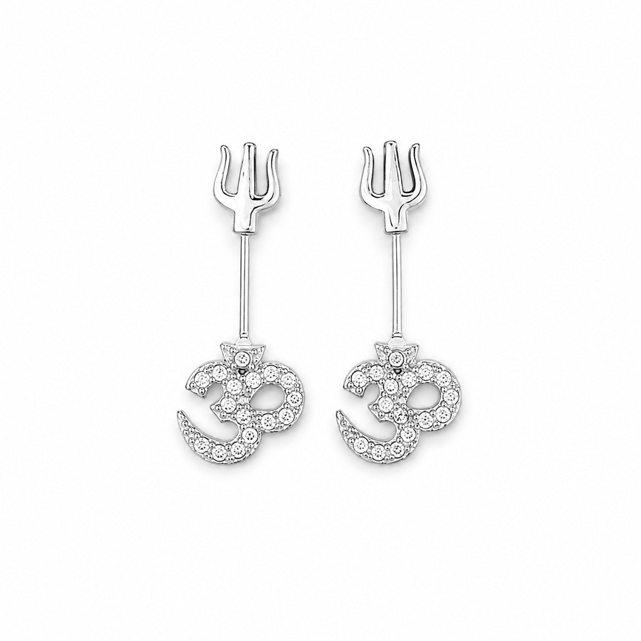 Om Trishul Zircon Bugadi Stud Earring Pair - 925 Silver