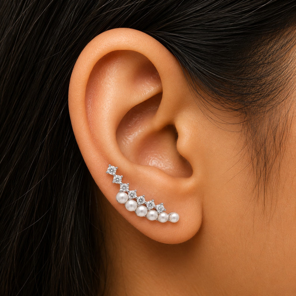 Pearl & Cubic Zircon Ear Cuff / Climber Earring Pair - 925 Silver