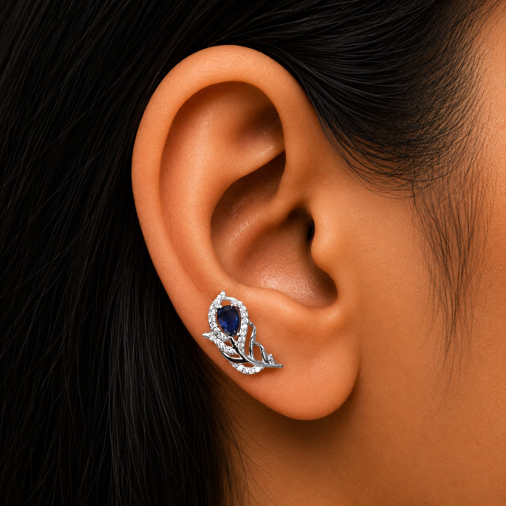 Silver Blue White Peacock Feather Ear Cuff / Climber  Earring Pair - 925 Silver