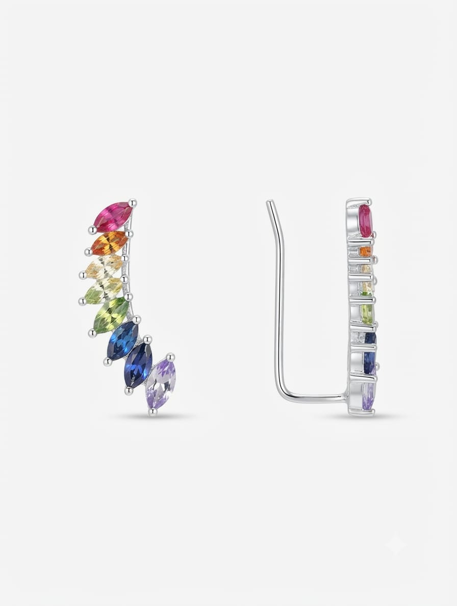 Multicolour Crystal Ear Cuff / Climber Earrings Pair - 925 Silver
