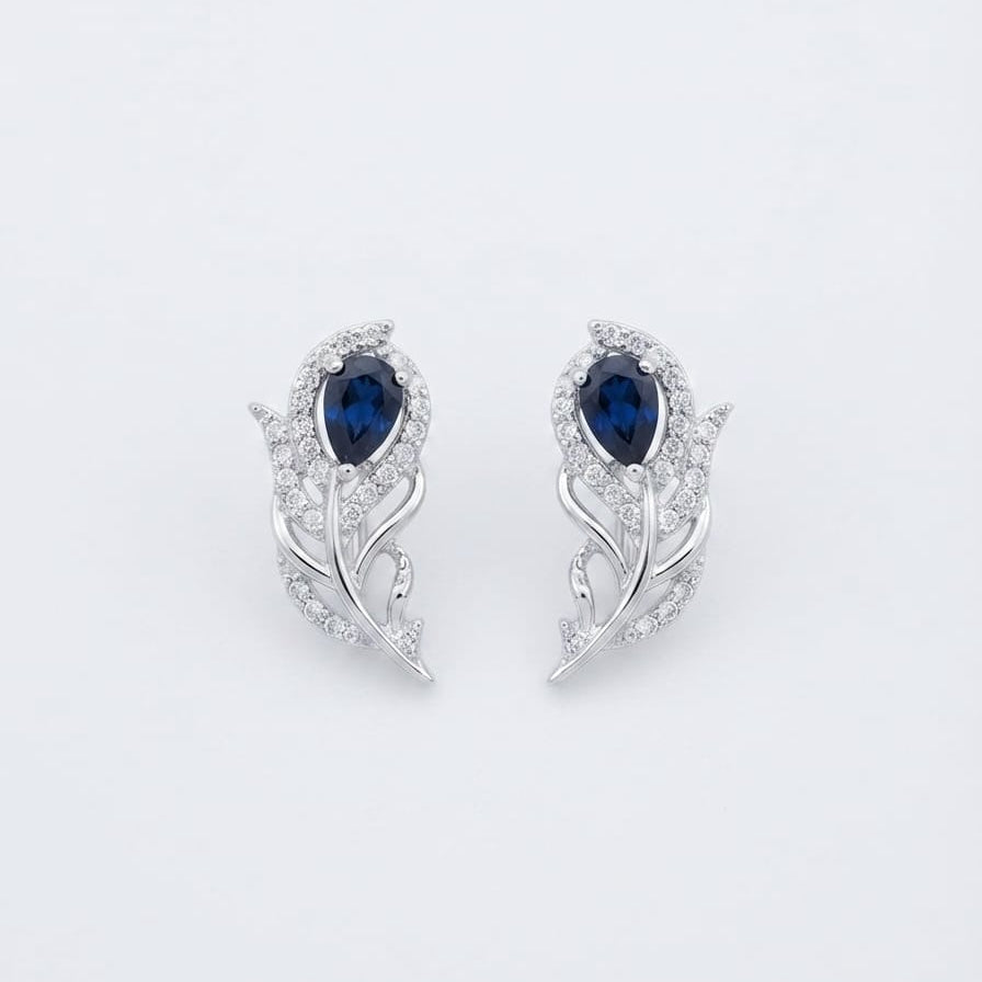 Silver Blue White Peacock Feather Ear Cuff / Climber  Earring Pair - 925 Silver