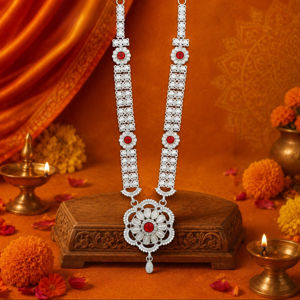 Silver Haar /Neckless For Lord Ganesha With Red Stone