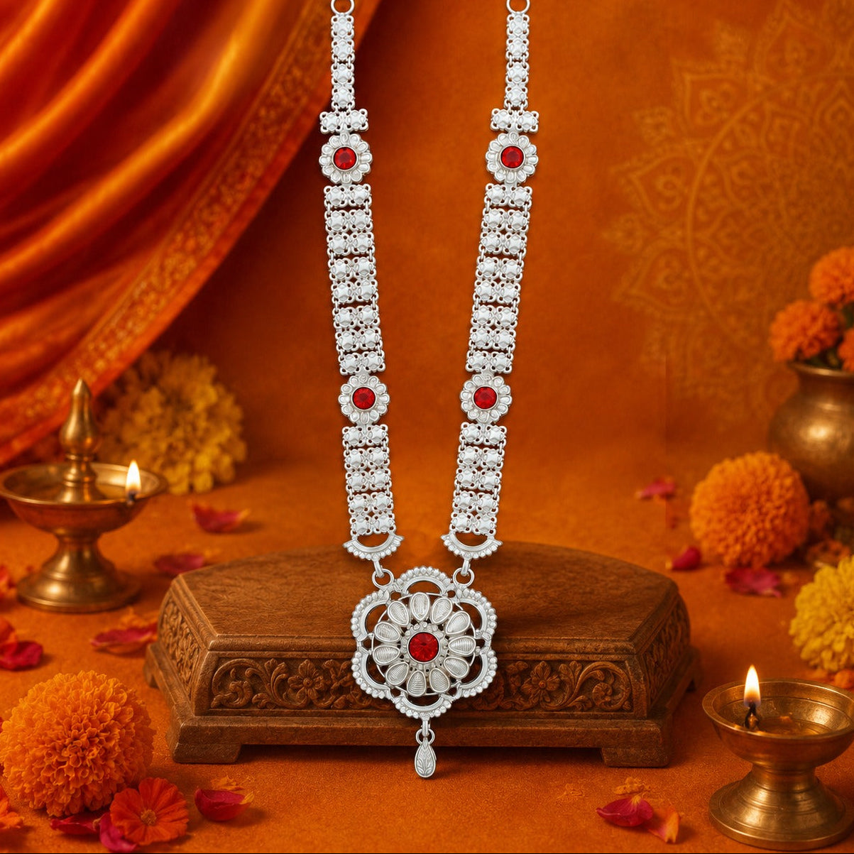 Silver Haar /Neckless For Lord Ganesha With Red Stone