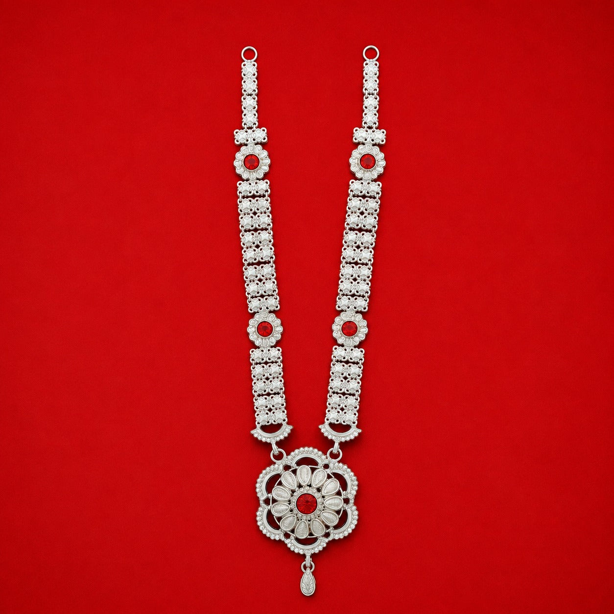 Silver Haar /Neckless For Lord Ganesha With Red Stone