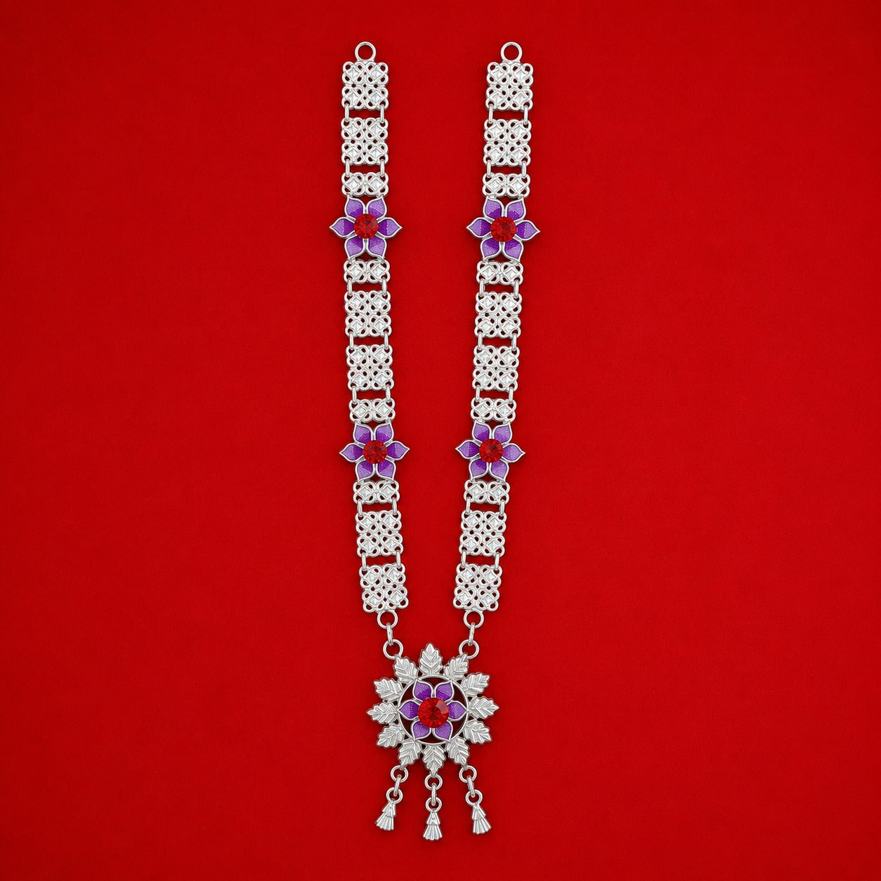 Silver floral Haar / Neckless For Lord Ganesh With Red Stone
