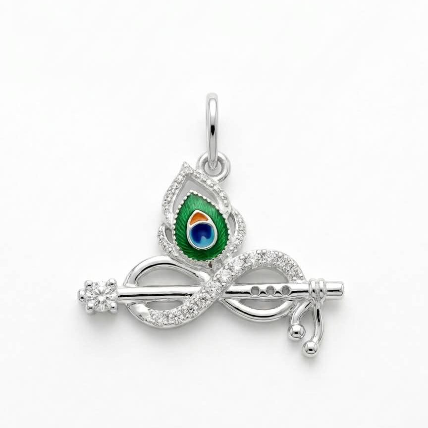 Peacock feather Krishna Flute Pendant With White Stone  -  925  Silver