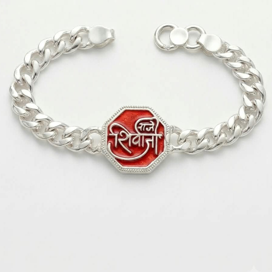 Raje Shivaji Silver Bracelet With Orenge Enamel For Men  -  Silver70