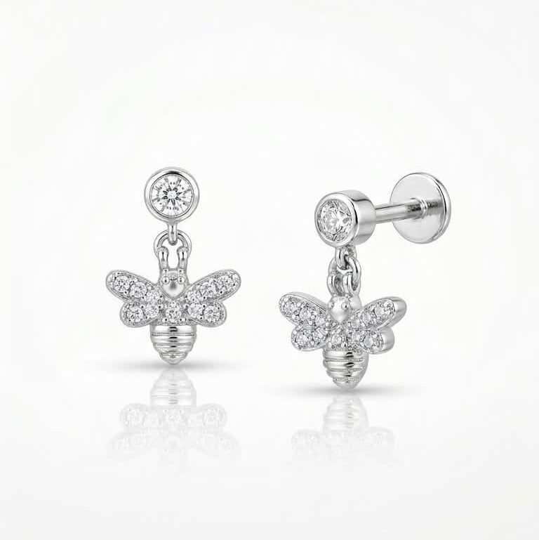Silver Flying Bee Drop Stud Pair  -  925 Silver