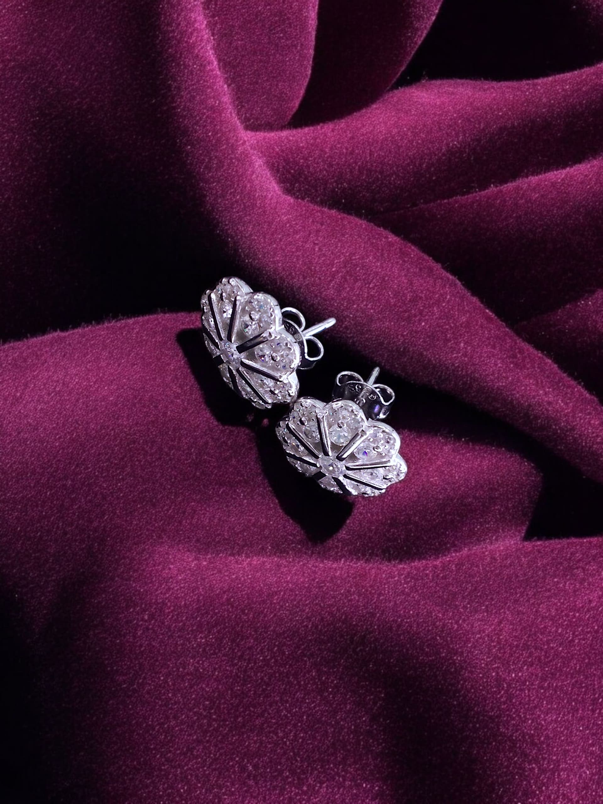 Crystal Cut Floral Stud Earrings - 925 silver