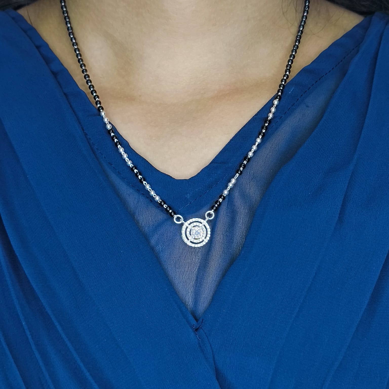 Round Studded Silver Beads Mangalsutra
