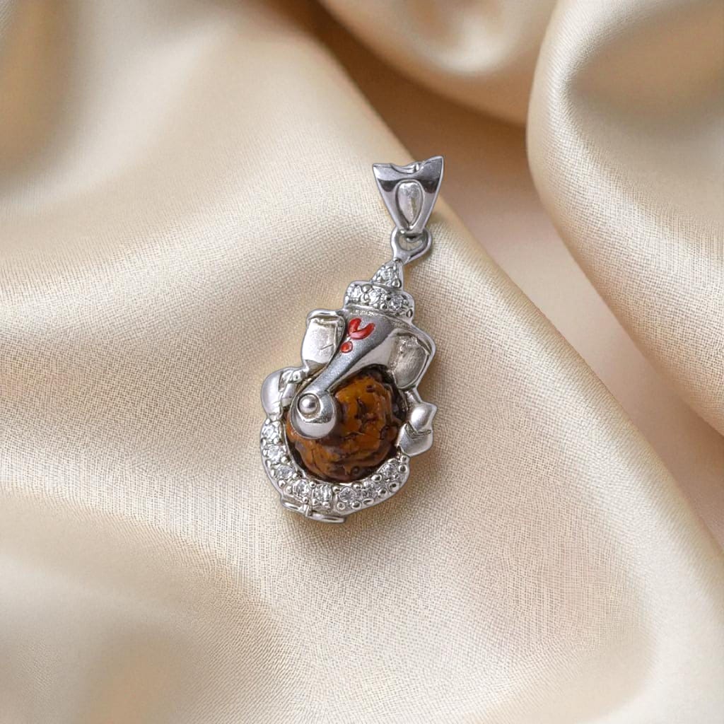Silver Ganesha With Rudraksh And Stones Pendant
