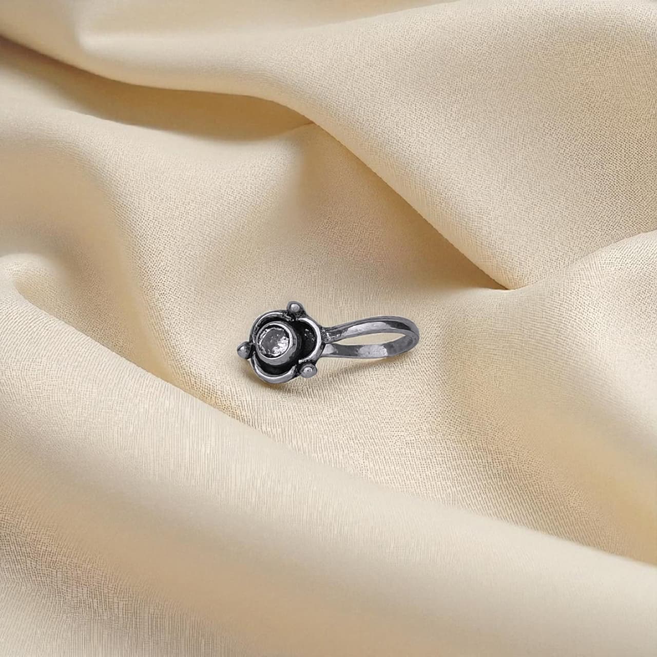 Nose Pin (Pressing) Oxidised Floral White Diamond  - 925 Silver