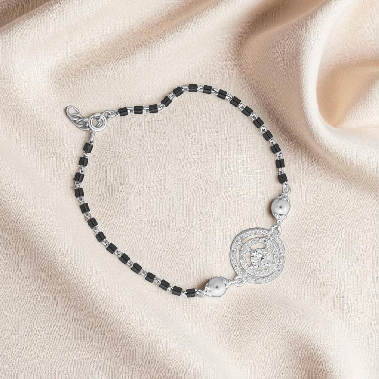 Circular Gun Metal Beaded Hand Mangalsutra/Bracelet - 925 Silver