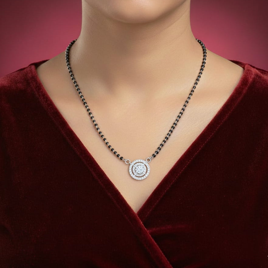 Double Round Studded Silver Mangalsutra with single Thread -925 Silver