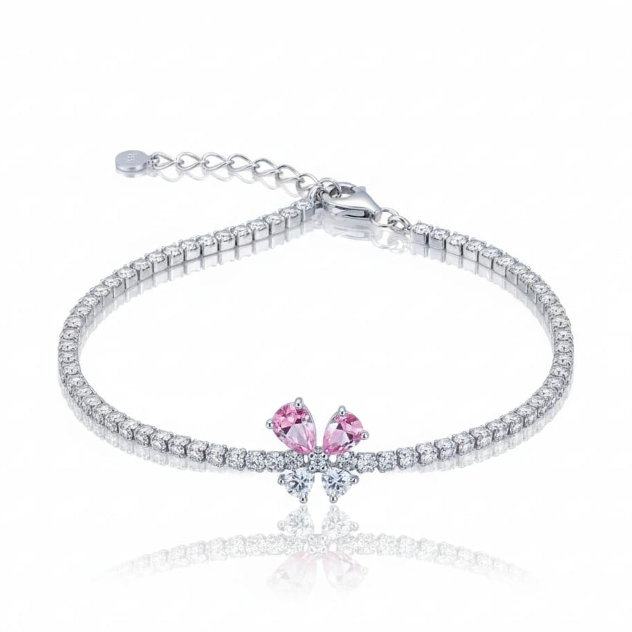 Butterfly Romantic White And Pink Diamond Silver Bracelet For Women