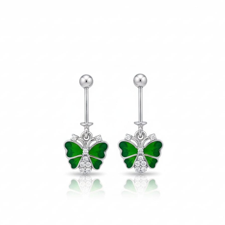 Silver Green Butterfly With Diamond Bugadi Earrings Pair