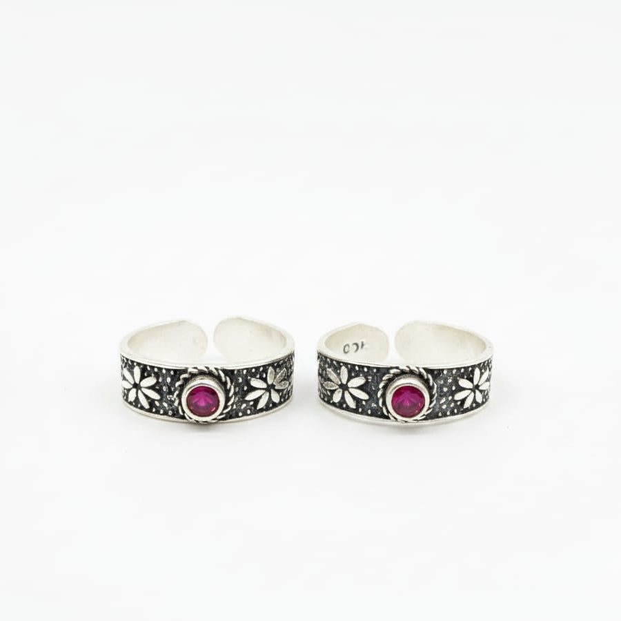 Oxidised Red stone Floral Toe Ring of pair-925 Silver