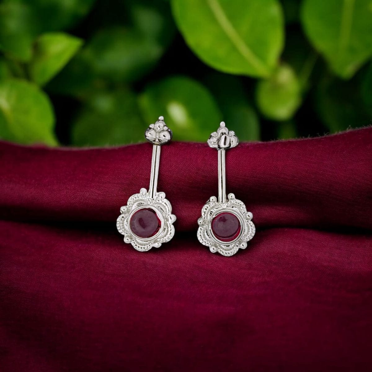 Silver Red stone Floral Bugadi Earring pair-925 Silver