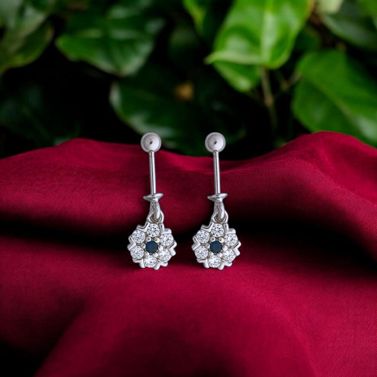 Silver White And Blue Diamond Floral Bugadi Earrings Pair-925 Silver