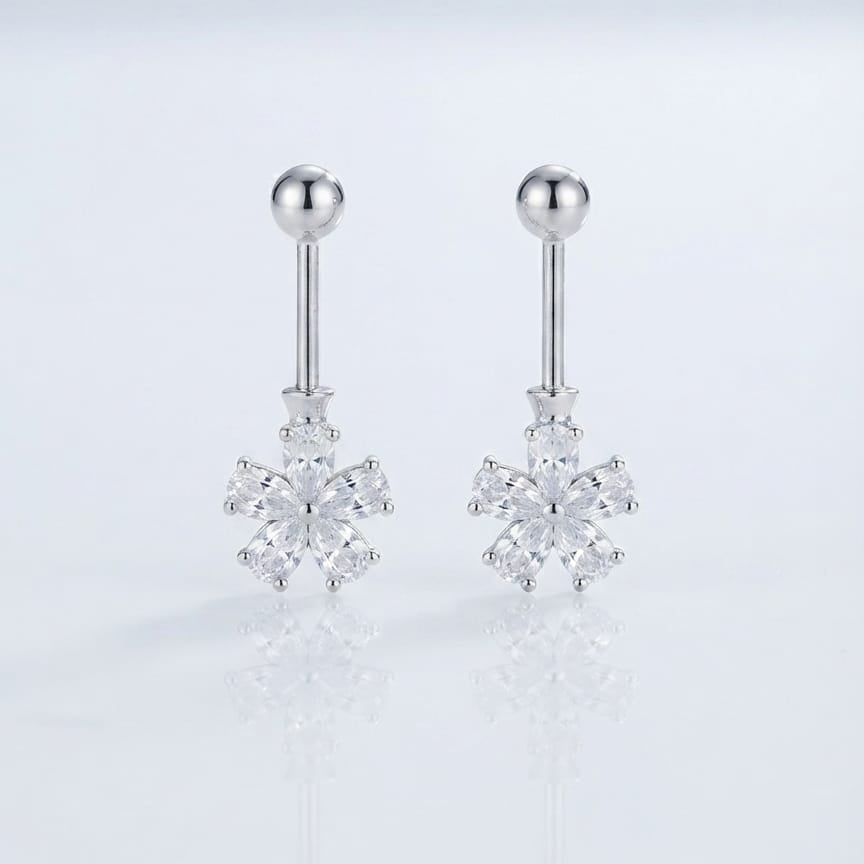 Silver Fancy White Stone Floral Helix Bugadi Stud Earring Pair  - 925 Silver