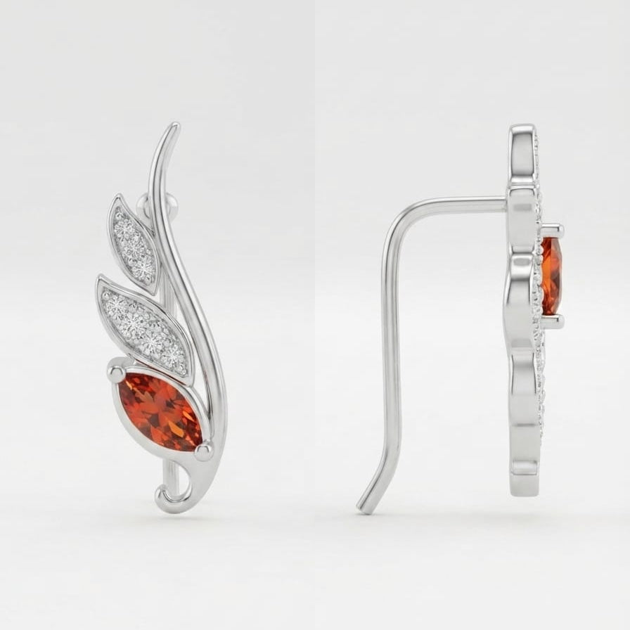 Silver Orange White Leaf Ear Cuff / Climber Earring Pair - 925 Silver