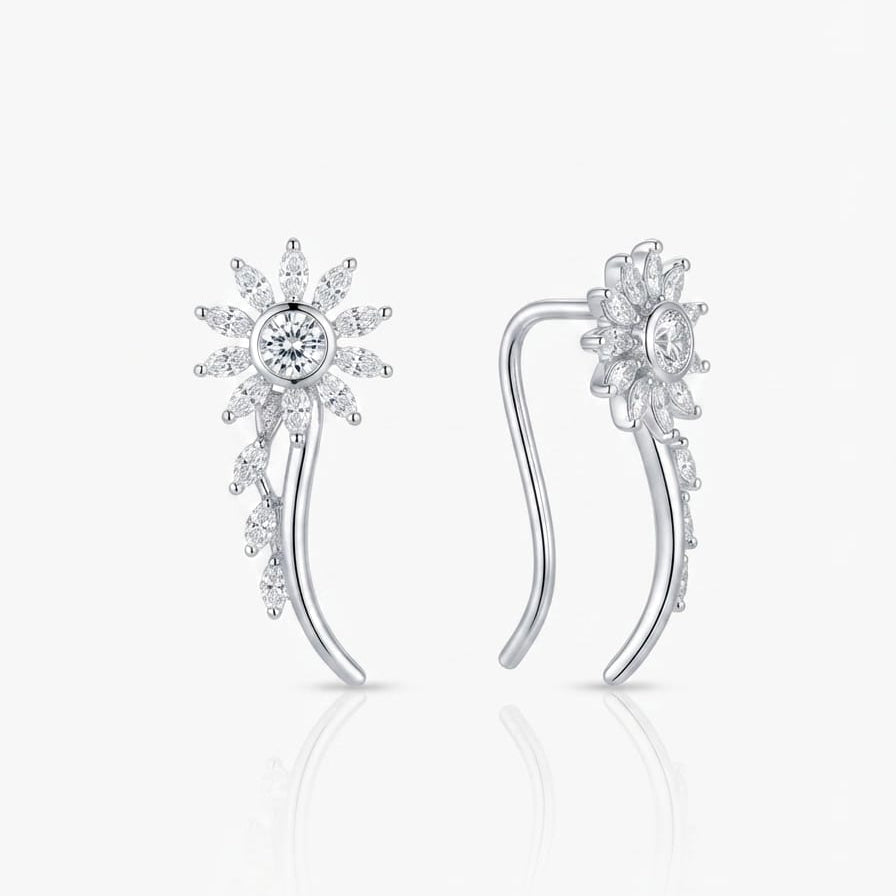 Silver Sunflower Ear Cuff Earring Pair  -  925 Silver
