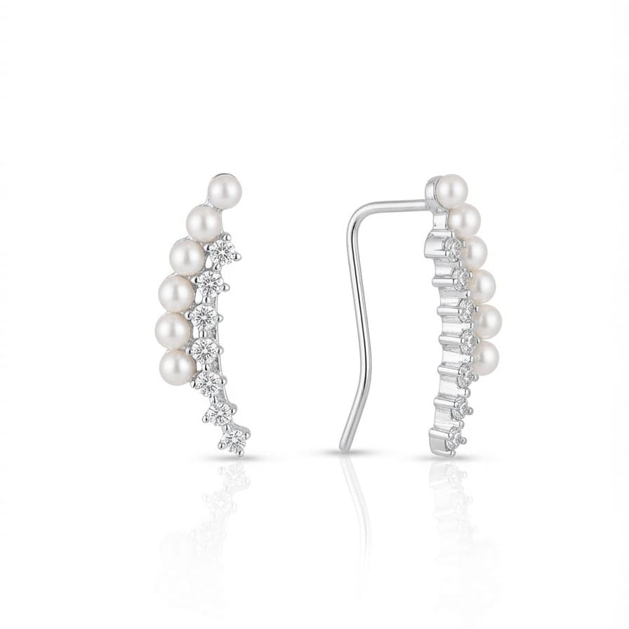 Pearl & Cubic Zircon Ear Cuff / Climber Earring Pair - 925 Silver