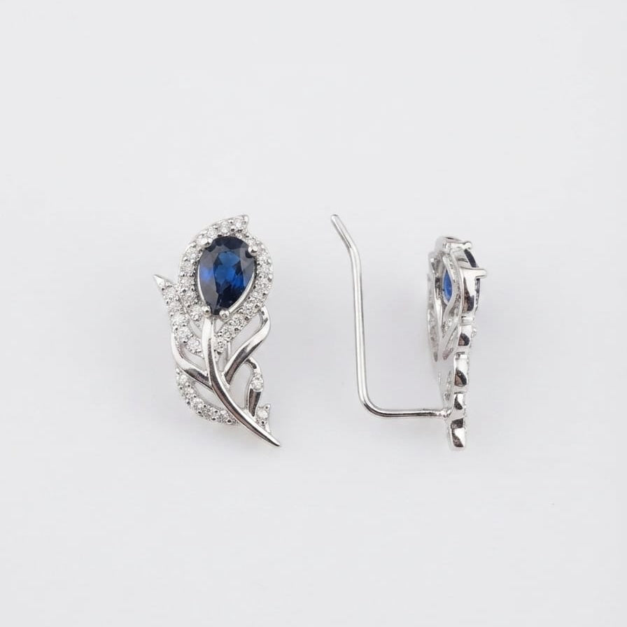 Silver Blue White Peacock Feather Ear Cuff / Climber  Earring Pair - 925 Silver