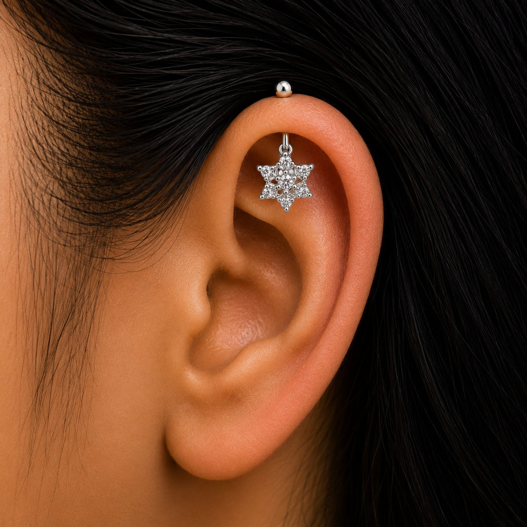 Silver Leaf Star Zircon Helix Bugadi Stud Earring Pair   -  925 Silver