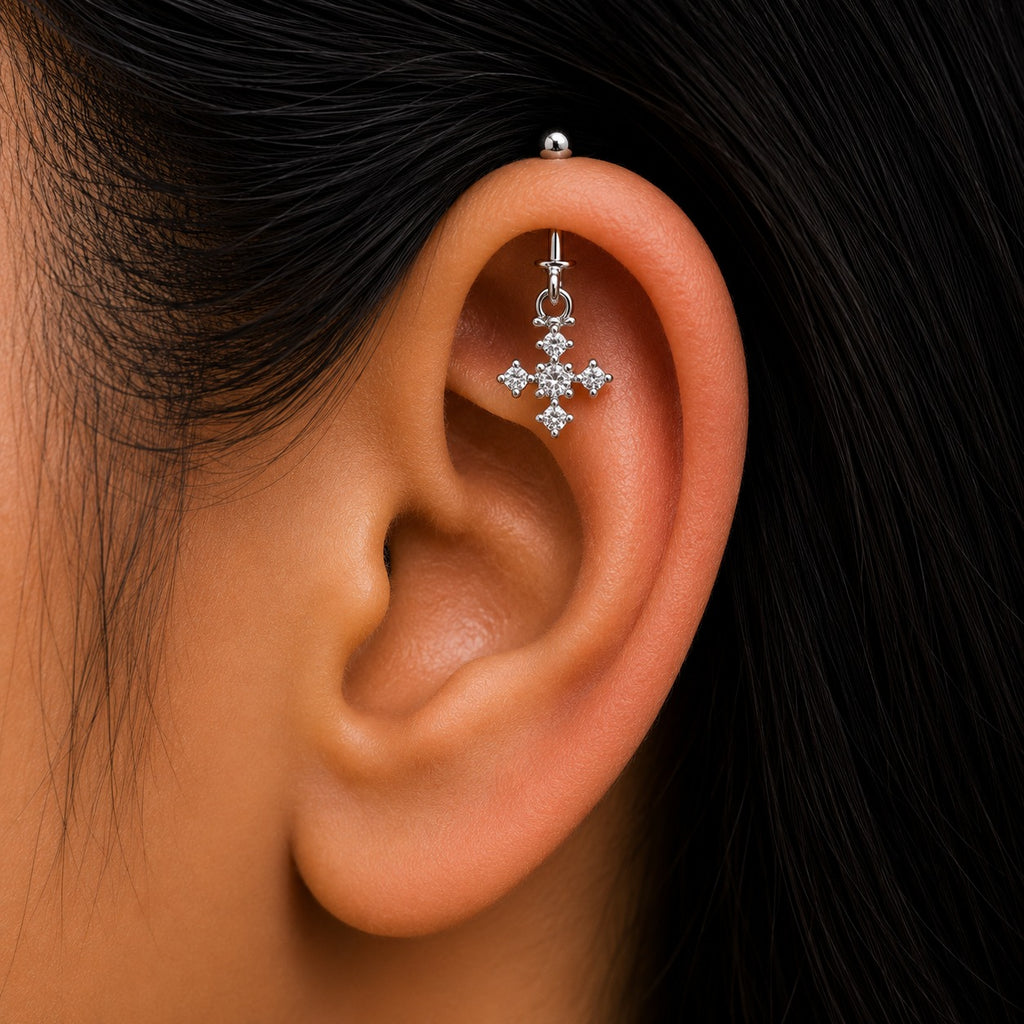 White stone Helix Hanging Bugadi  Earring Pair   -  925 Silver