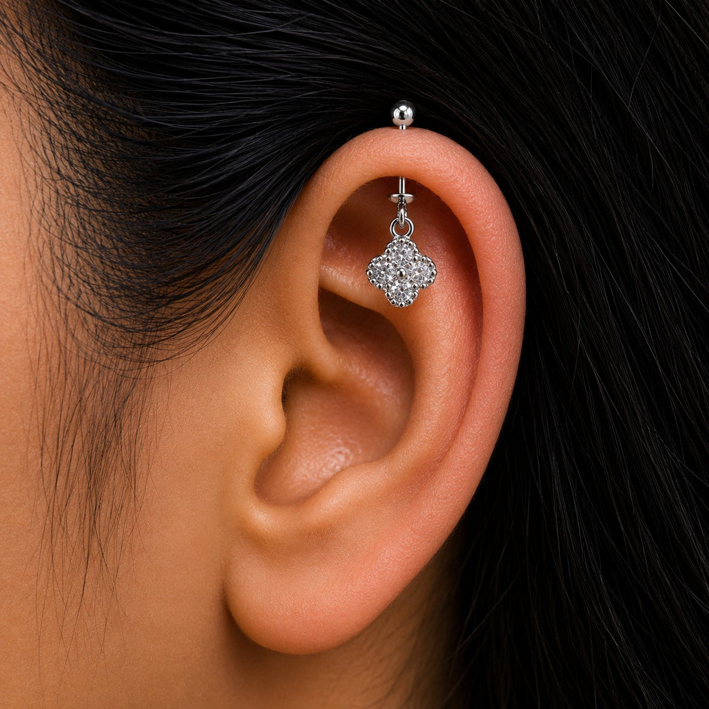 floral White stone Helix Hanging Bugadi Earring  Pair  -  925 Silver