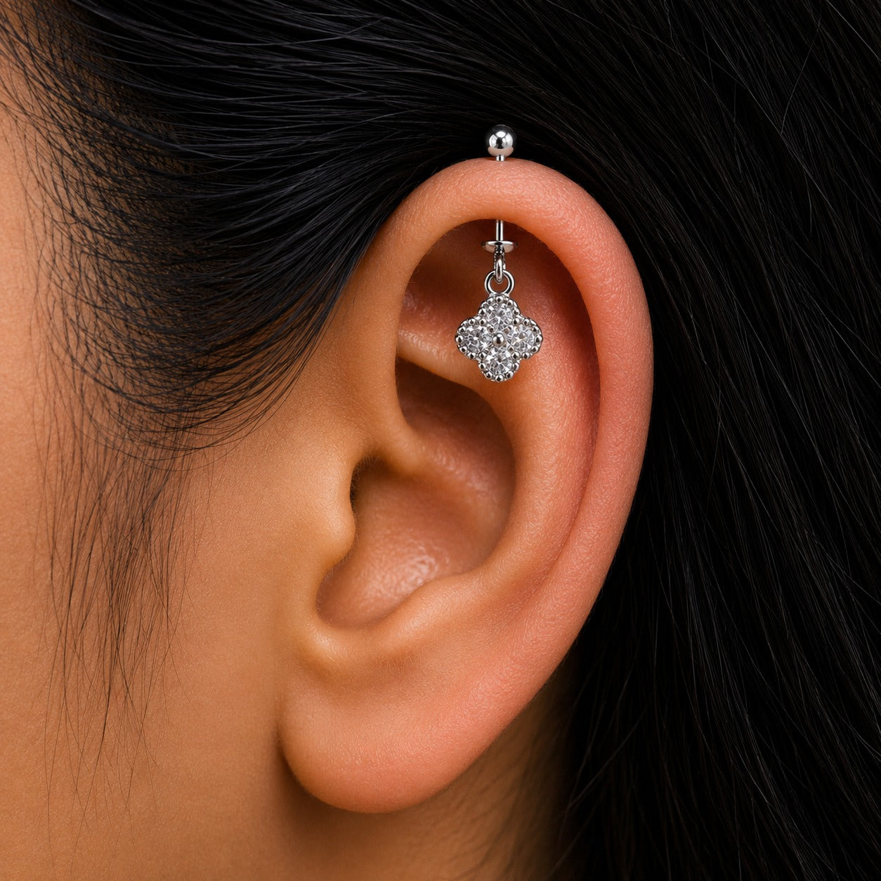 floral White stone Helix Hanging Bugadi Earring  Pair  -  925 Silver