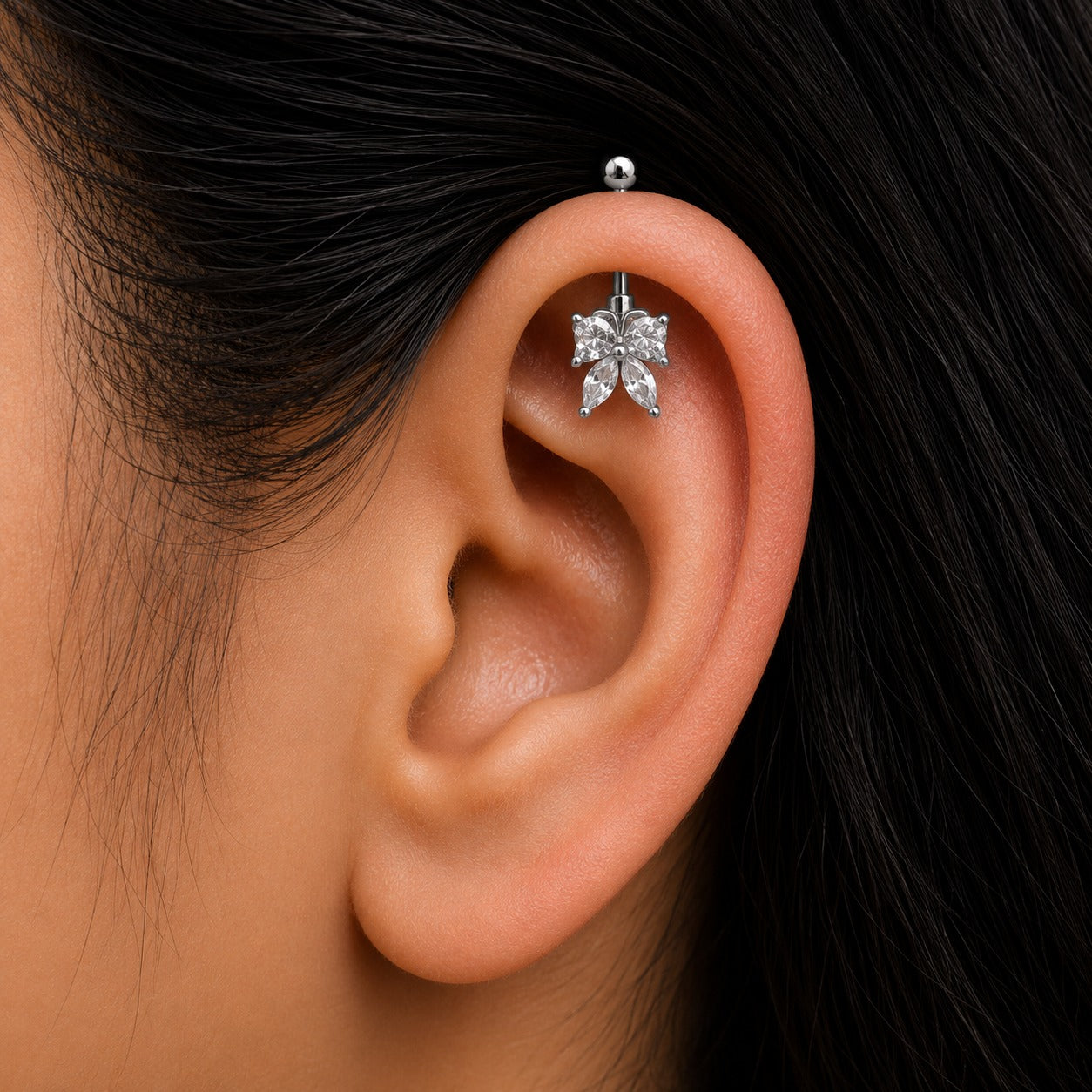 Bow Shaped Silver Helix Bugadi Stud Earring - 925 Silver