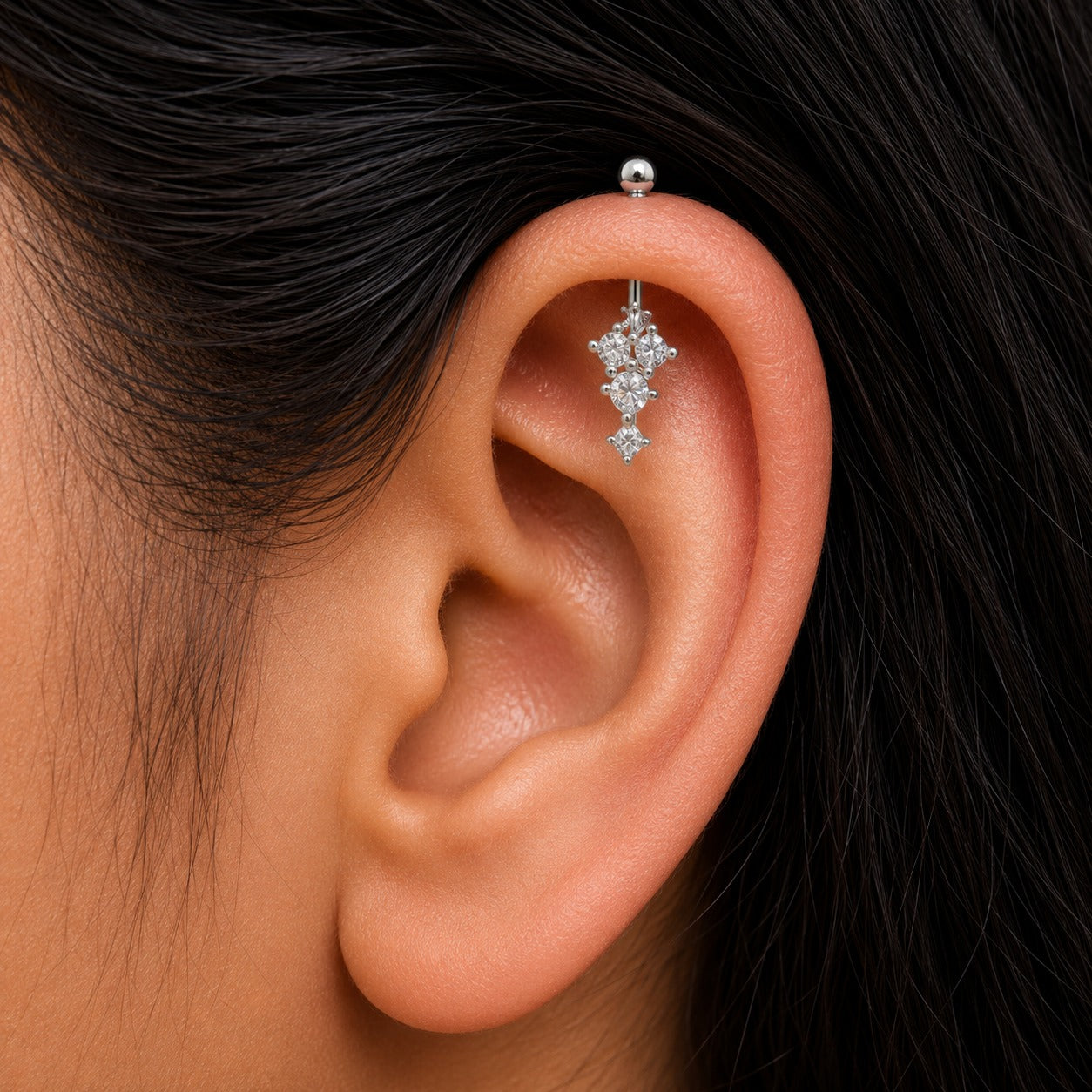 CZ Starburst Drop Helix Bugadi Earrings - 925 Silver