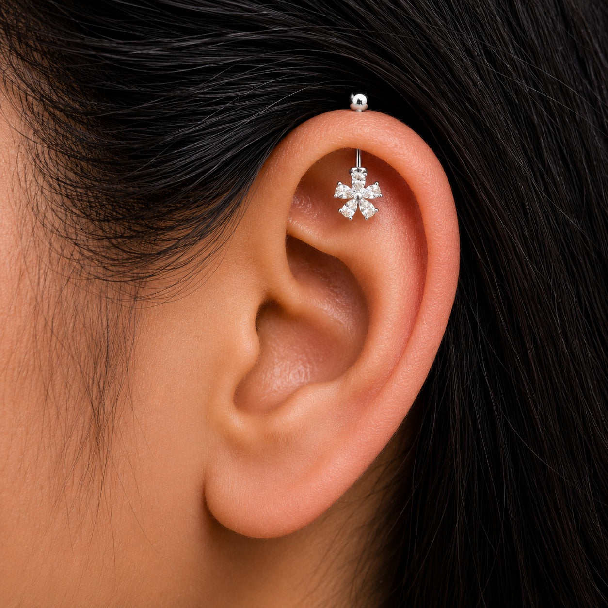 Silver Fancy White Stone Floral Helix Bugadi Stud Earring Pair  - 925 Silver