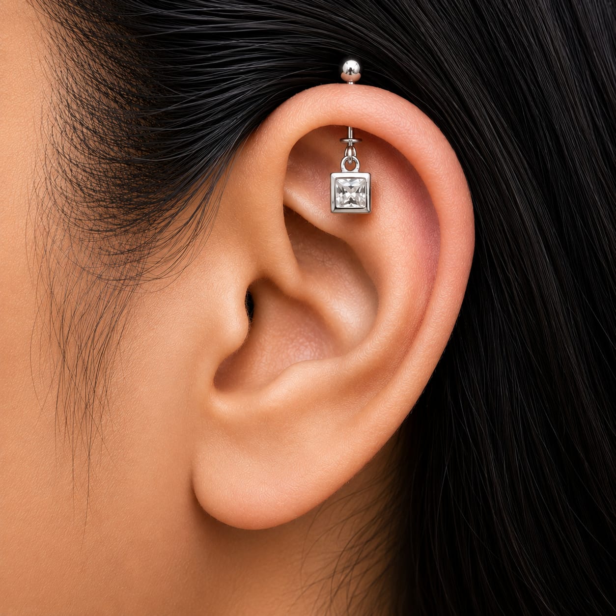 Silver Square Stone Helix Bugadi Earring   -   925 Silver
