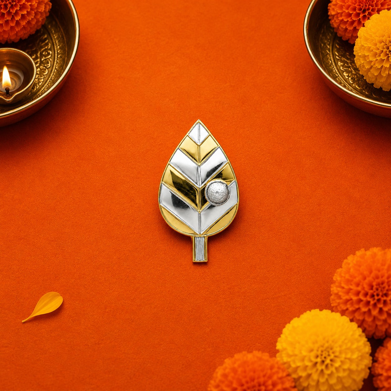 Silver Pan Supari with Gold Polish Strap on orange background
