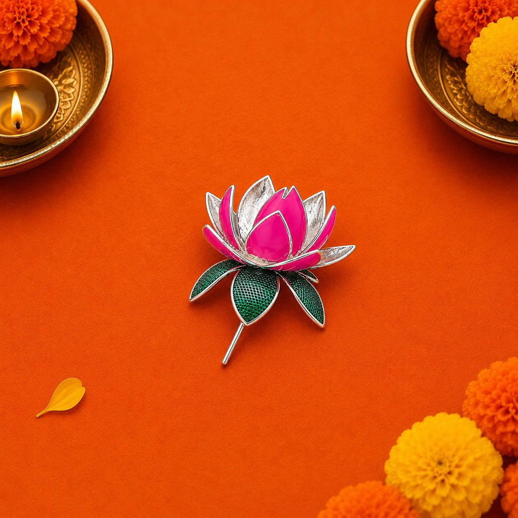 Silver Lotus Flower for Ganpati on orange background
