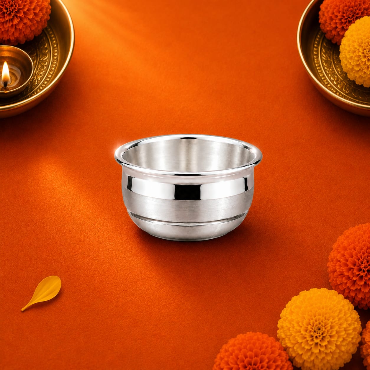 Silver Bowl Vati Classic Design on orange background