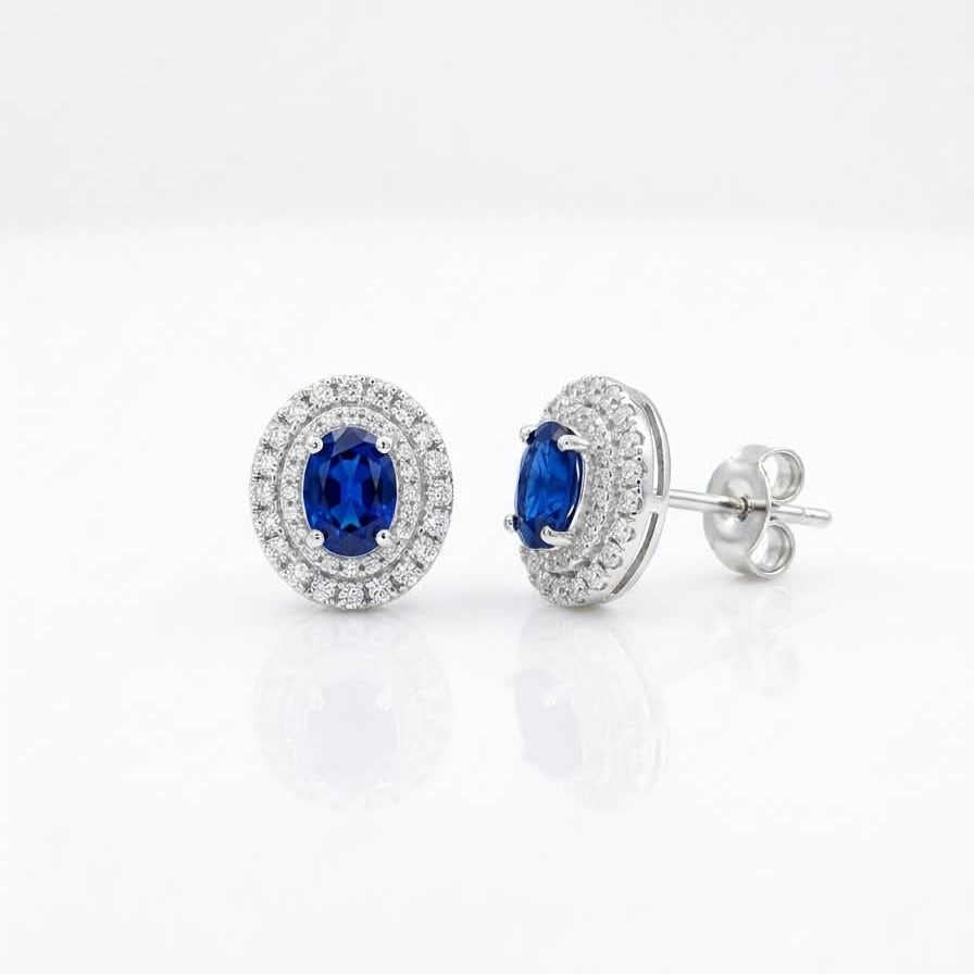 Cz premium Silver Pave Sapphire& White Stone Stud Pair For Women  - 925 Silver