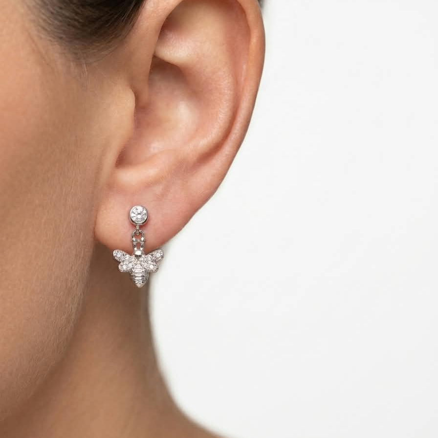 Silver Flying Bee Drop Stud Pair  -  925 Silver