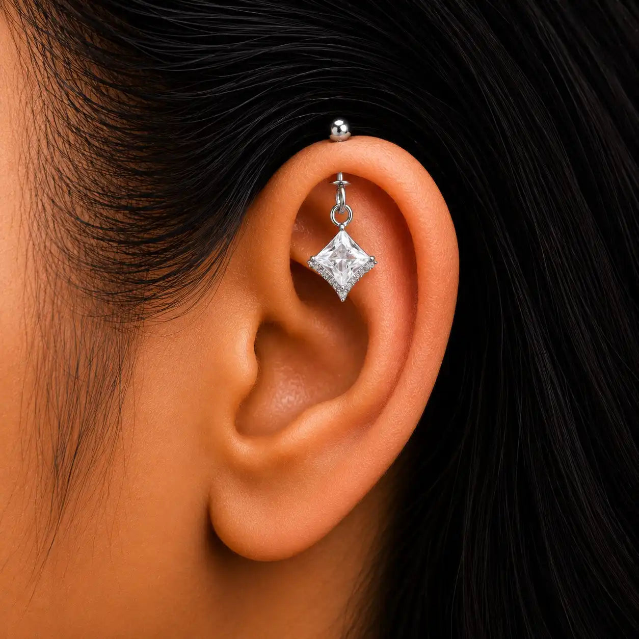 Silver Square Crystal Helix Bugadi Earring Pair -  925 Silver